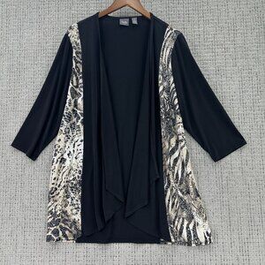 Travelers By Chicos Open Cardigan Womens L Black Beige Sequin Animal Print
